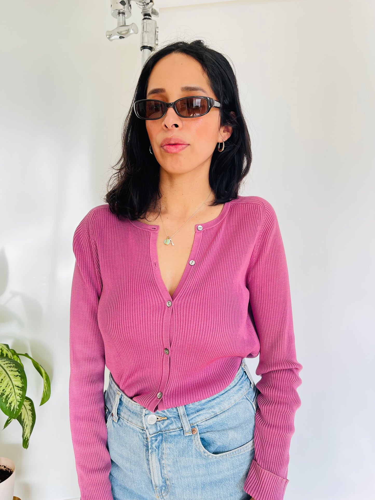 Vintage 90s Mauve Pink Silk Rib Knit Top