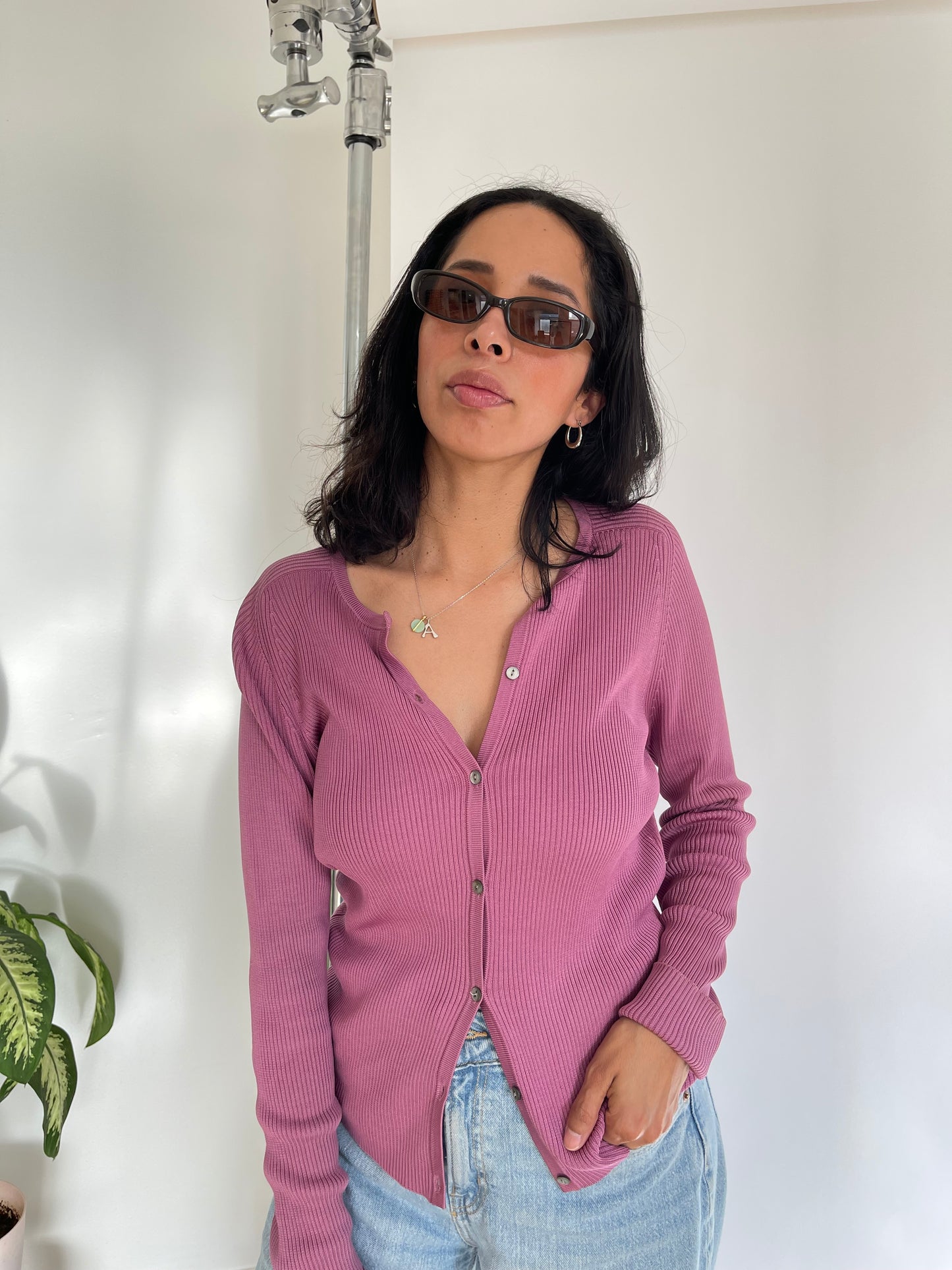 Vintage 90s Mauve Pink Silk Rib Knit Top