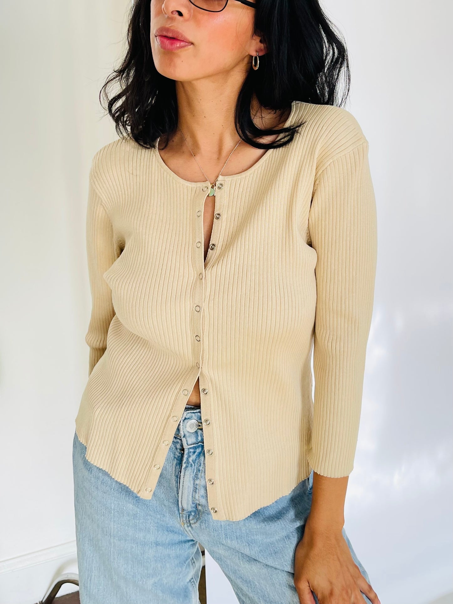 Vintage 90s Beige Silk Rib Knit Top