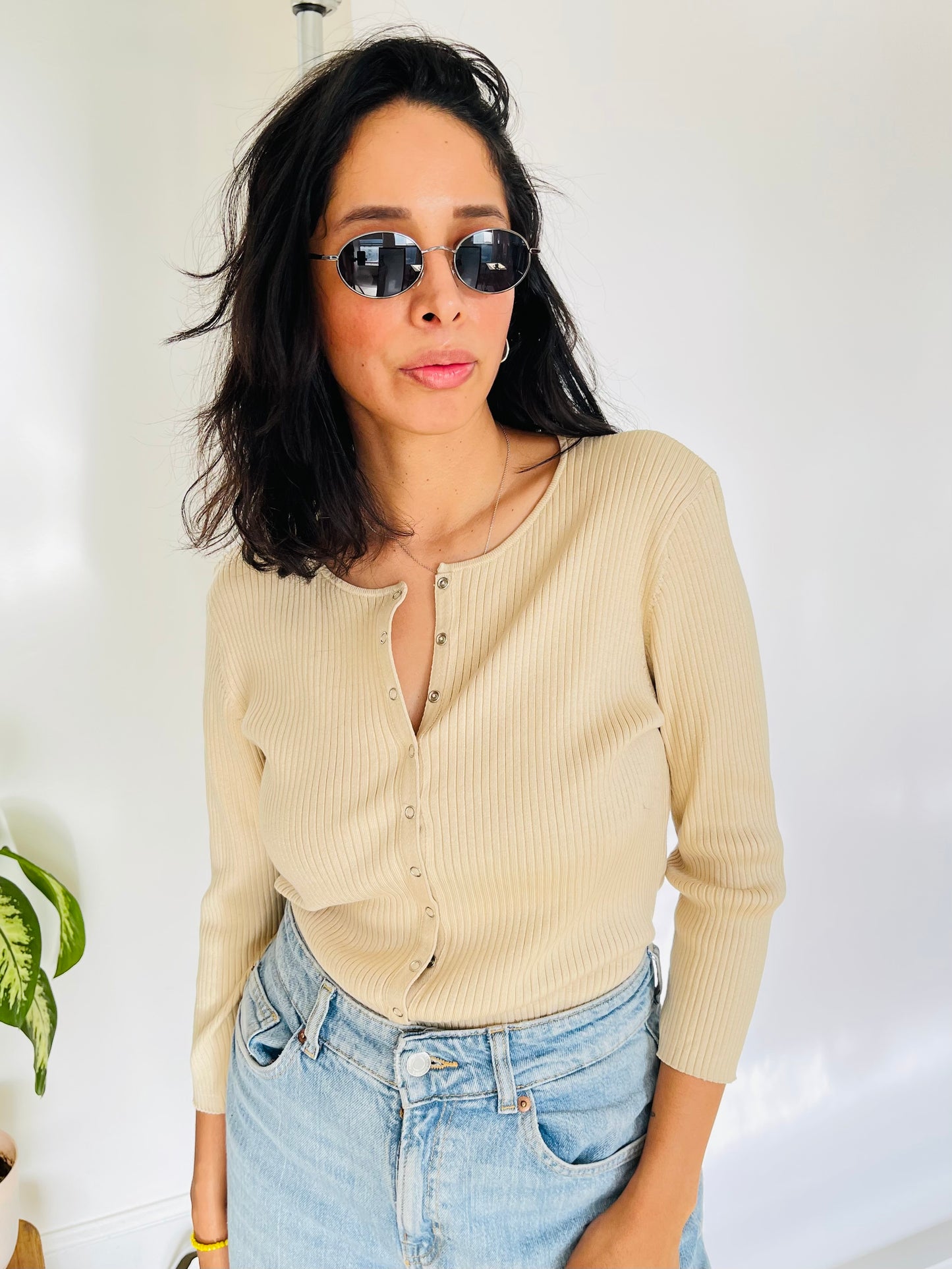 Vintage 90s Beige Silk Rib Knit Top